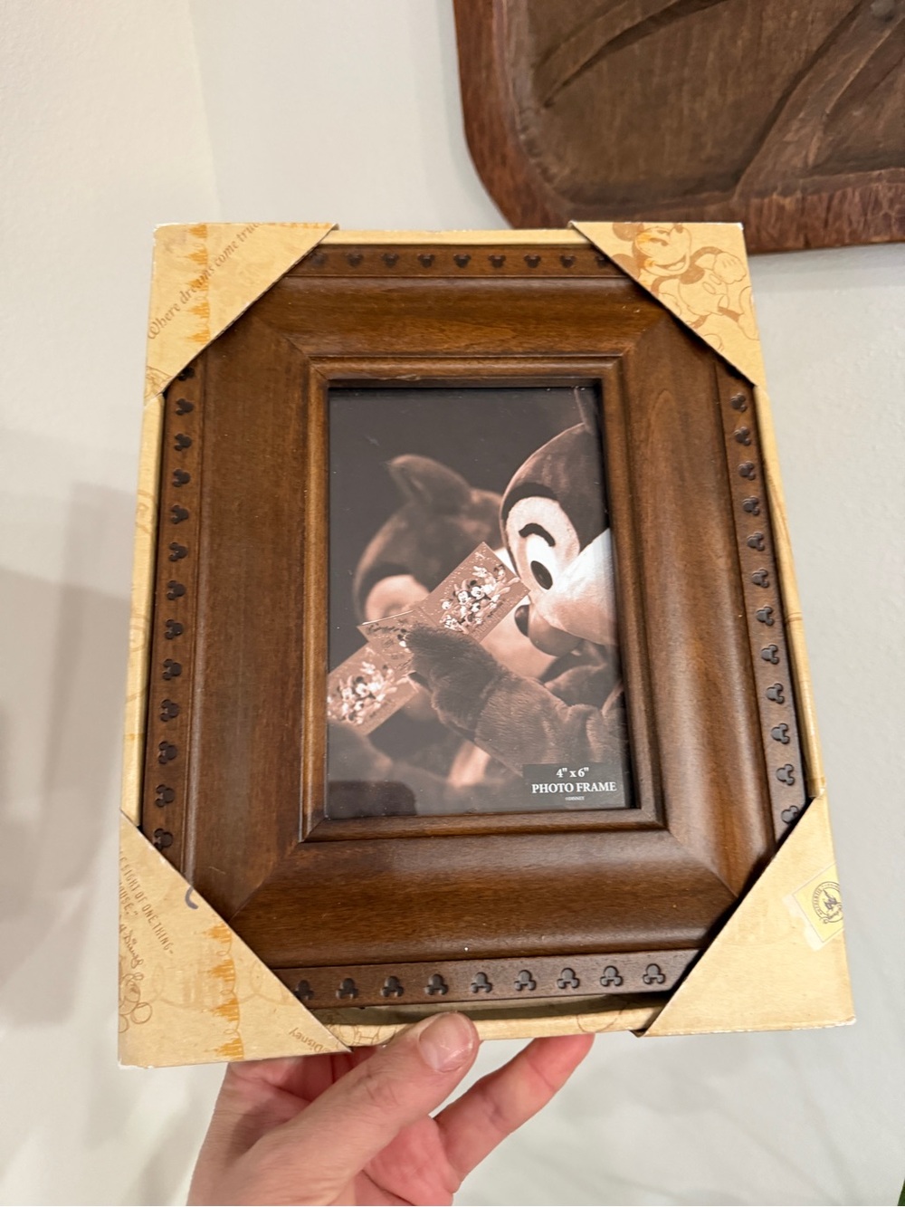 Disney Mickey Mouse Wood Photo Frame 4x6 Brown Mickey Icon Border New